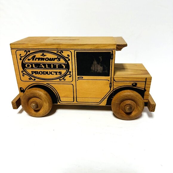 Wooden Toy Truck Coin Bank Armour’s Quality Products Logo Image Vintage - Picture 3 of 9